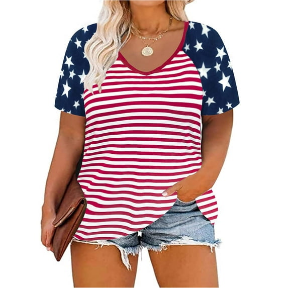 TIYOMI Plus Size Tops For Women Striped Tees American Flag Print 4th of July Flag T-shirts Color Block V-Neck Short Sleeve Summer Raglan Shirts Patriotic Tunics XL 14W 16W