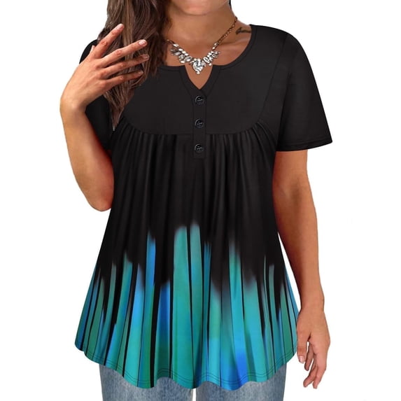 TIYOMI Plus Size Tops for Women Tunic Tops 2X Black & Blue Tie Dye Blouses Pleated Babydoll Pullover Casual Spring Summer Tunics 2XL 18W 20W
