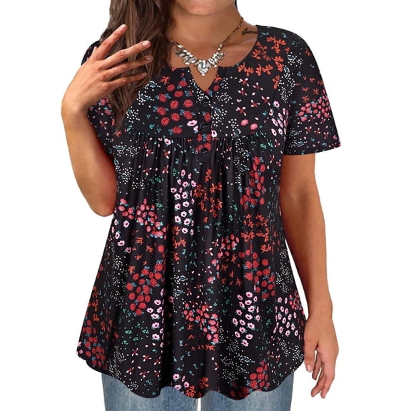 TIYOMI Plus Size Tops for Women Tunic Tops 2X Blouses Black Flower Pleated Babydoll Pullover Casual Spring Summer Tunics 2XL 18W 20W