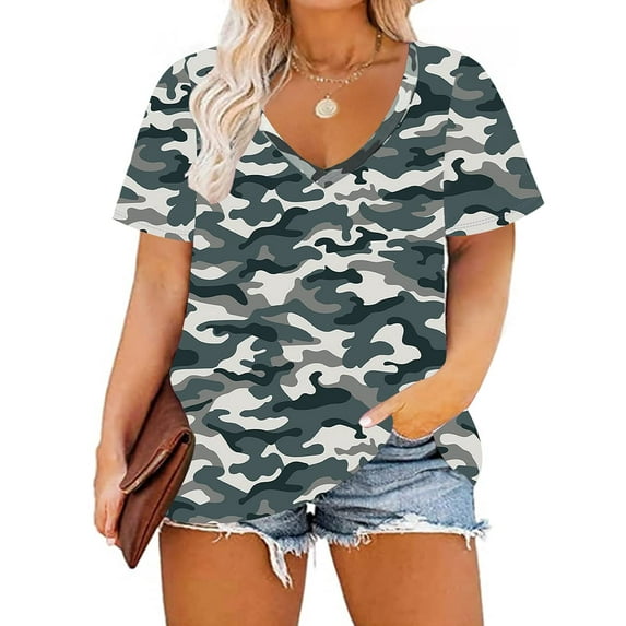 TIYOMI Plus Size Tops Womens Short Sleeve Camo Summer T-Shirts V-Neck Basic Pullover Casual Blouses Army Green 2XL 18W 20W