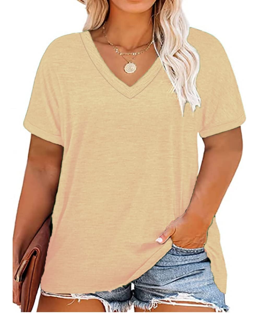 TIYOMI Plus Size Tops for Women 3X Short Sleeve T Shirts Basic V Neck  Summer Beige Blouses Casual Loose Fit Solid Color Tunics 3XL 22W 24W