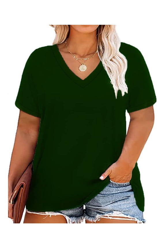 Plus Size Tops for Women 3X Short Sleeve T Shirts Basic V Neck Summer Blackish Green Blouses Casual Loose Fit Solid Color Tunics 3XL 22W 24W
