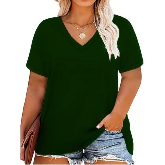 TIYOMI Plus Size Tops for Women 3X Short Sleeve T Shirts Basic V Neck Summer Blackish Green Blouses Casual Loose Fit Solid Color Tunics 3XL 22W 24W