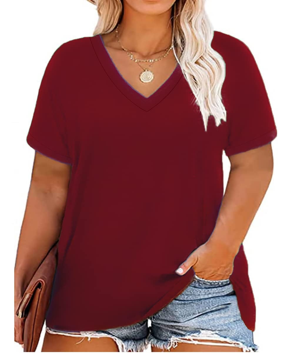 TIYOMI Plus Size Tops for Women 3X Short Sleeve T Shirts Basic V Neck  Summer Wine Red Blouses Casual Loose Fit Solid Color Tunics 3XL 22W 24W