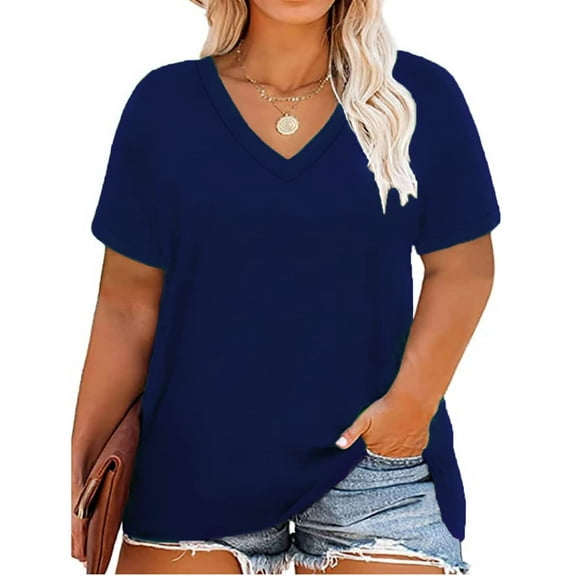 TIYOMI Plus Size Tops for Women 4X Basic Deep Navy Blue Shirts V Neck Short Sleeve Tunics Summer Casual Blouse Solid Color Loose Fit 4XL 24W 26W