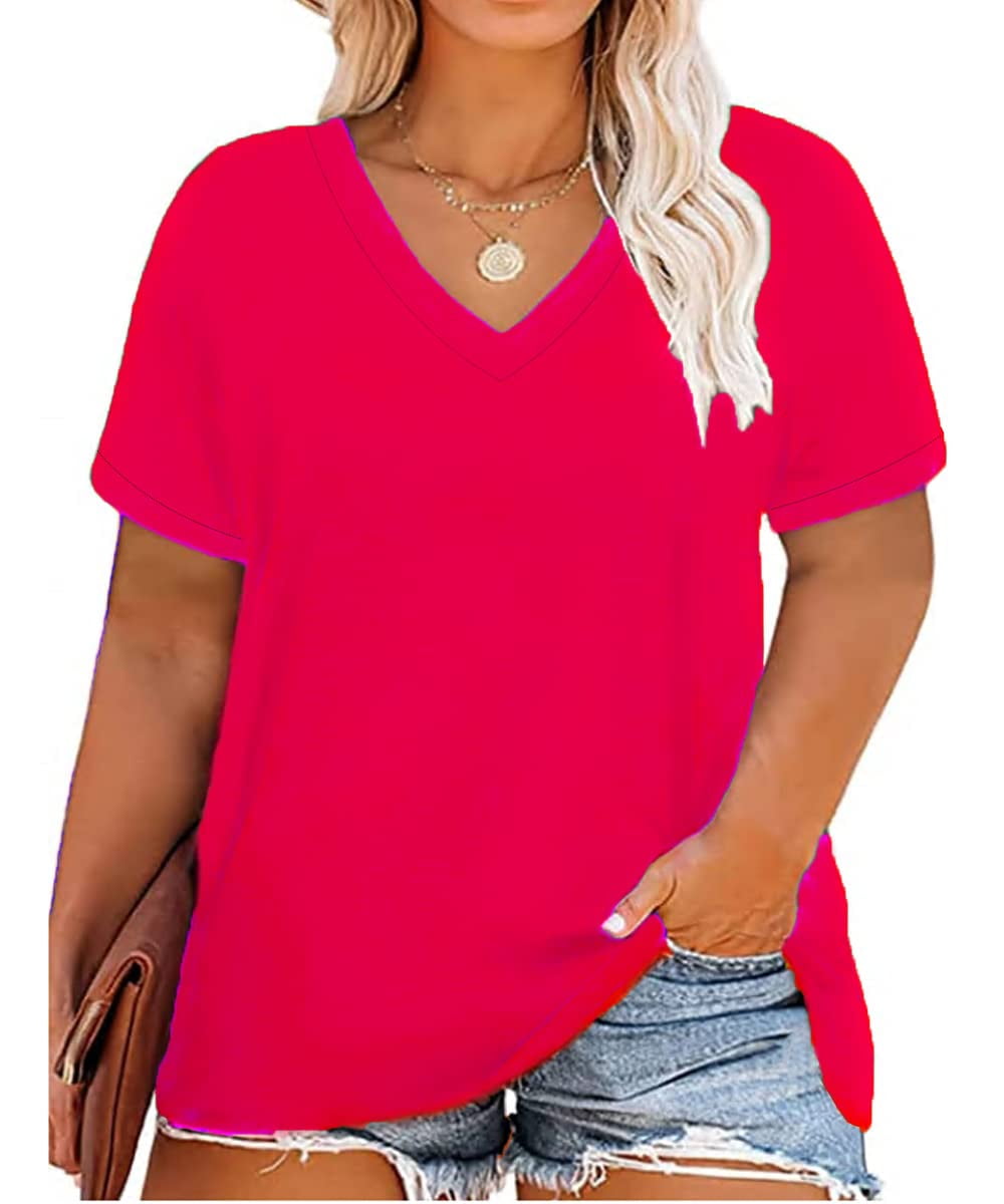 TIYOMI Plus Size Tops for Women 4X Basic Hot Pink Shirts V Neck Short  Sleeve Tunics Summer Casual Blouse Solid Color Loose Fit 4XL 24W 26W 