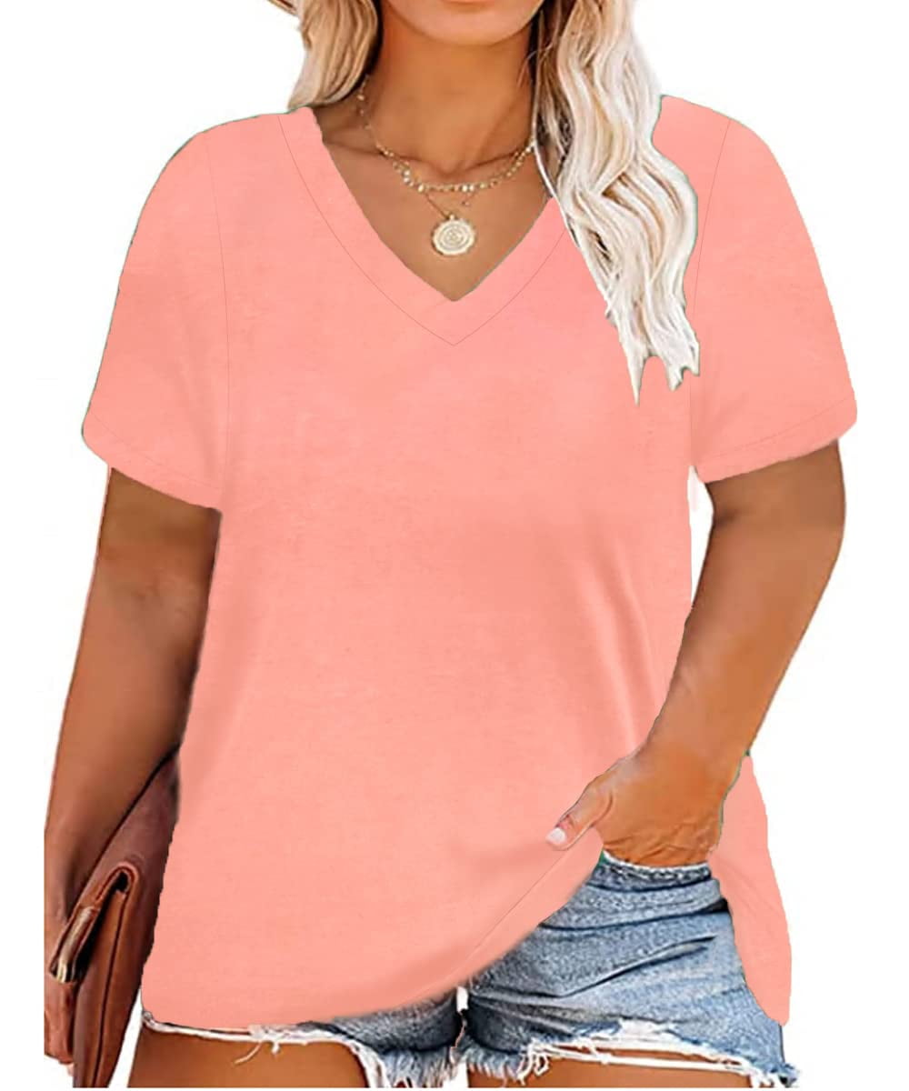 TIYOMI Plus Size Tops for Women 4X Basic Peach Pink Shirts V Neck Short  Sleeve Tunics Summer Casual Blouse Solid Color Loose Fit 4XL 24W 26W