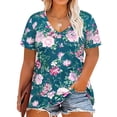 thumbnail image 1 of TIYOMI Plus Size Tops for Women Blue Floral Short Sleeve Summer Flower T-Shirts V-Neck Basic Tees Casual Blouses 2XL 18W 20W, 1 of 3