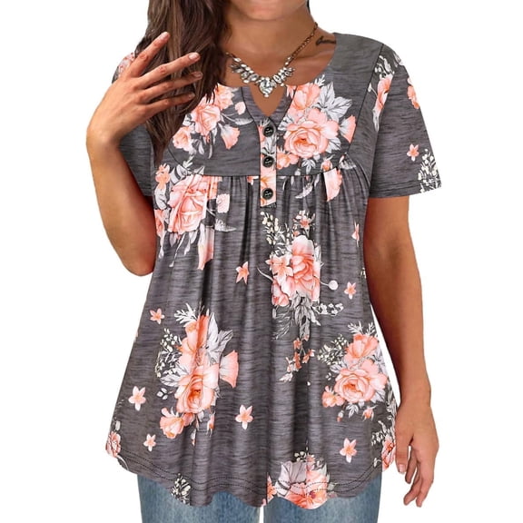 TIYOMI Plus Size Tops for Women Tunic Tops 2X Grey Floral Blouses Pleated Babydoll Pullover Casual Spring Summer Tunics 2XL 18W 20W