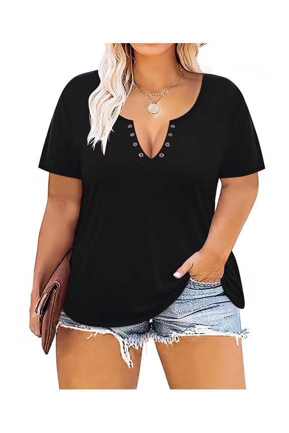 Plus Size Tunic Tops Buttons Short Sleeve Summer Sexy Henley Deep V Neck Raglan Plain Solid Color Waffle Casual Loose Fit Shirt Black 3XL 22 24 Plus