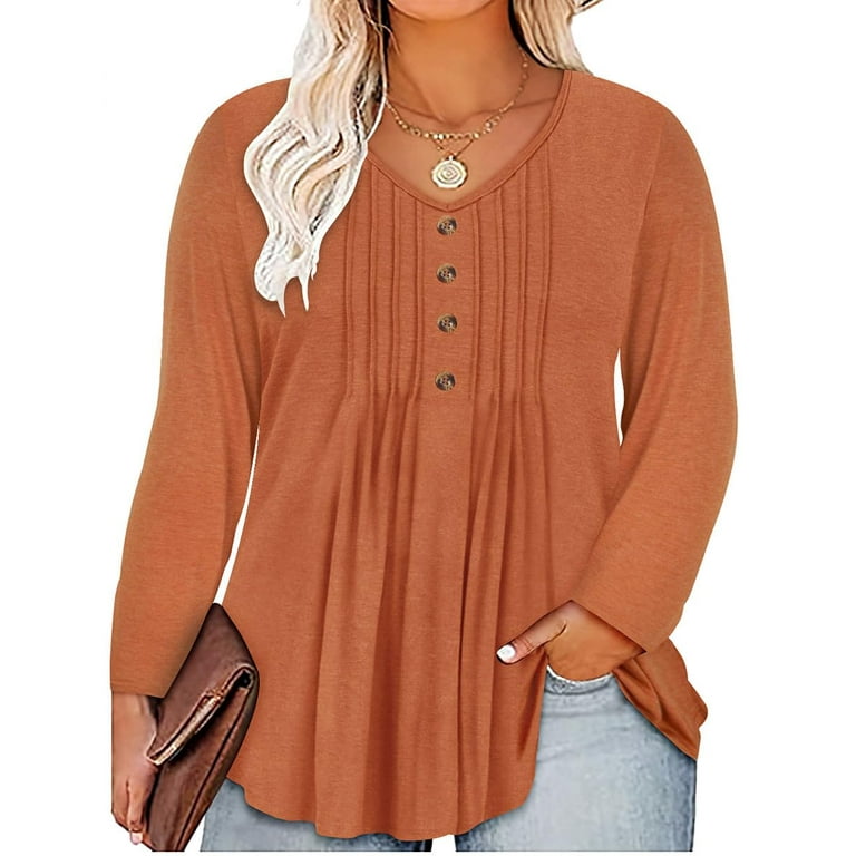 TIYOMI Plus Size Tunic Tops For Women Orange Front Button Long Sleeve Flowy Shirts Detail V Neck Swing Blouses Rust Tee Loose Fit Tunics Fall Winter