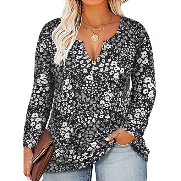 TIYOMI Plus Size Tunic Tops Long Sleeve 3x Deep V Neck Black & White Floral Shirts Eyelet Sexy Blouse Fall Autumn Winter Casual Shirt 3XL 22W 24W