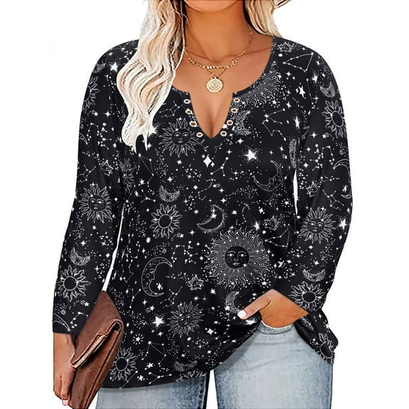 TIYOMI Plus Size Tunic Tops Long Sleeves 3X V Neck Eyelet Moon Sun & Stars Print Halloween Pattern Fashion Blouse Fall Autumn Winter Casual Loose Fit Shirt Black 3XL