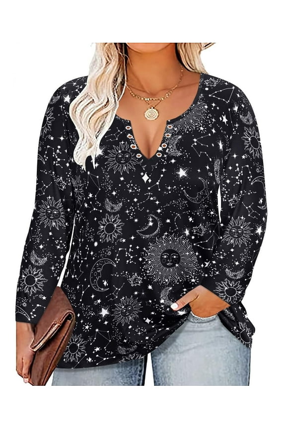 Plus Size Tunic Tops Long Sleeves 3X V Neck Eyelet Moon Sun & Stars Print Halloween Pattern Fashion Blouse Fall Autumn Winter Casual Loose Fit Shirt Black 3XL