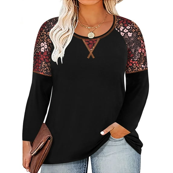 TIYOMI Plus Size Tunics For Women 2X Black V Neck Autumn Fall Winter T-Shirt Brown Floral Casual Long Sleeve Tops Casual Blouses Tee 2XL 18W 20W