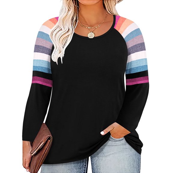 TIYOMI Plus Size Tunics For Women 2X Black V Neck Autumn Fall Winter T-Shirt Rainbow Stripes Casual Long Sleeve Tops Casual Blouses Tee 2XL 18W 20W
