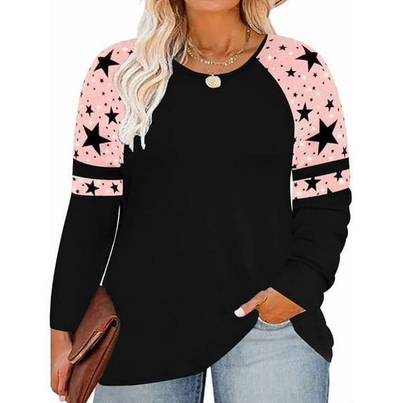 TIYOMI Plus Size Tunics For Women 2X Black V Neck Striped Autumn Fall Winter T-Shirt Casual Long Sleeve Pink Star Tops Casual Blouses Tee 2XL 18W 20W