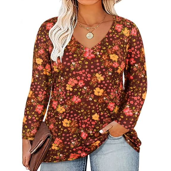 TIYOMI Plus Size Tunics For Women 2X Brown Floral T-Shirt Casual Long Sleeve V Neck Tops Casual Blouses Fall Winter Pullover 2XL 18W 20W