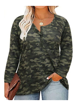Camo Camouflage Shirt for Women Long Sleeve Button Down Shirts Cuffed  Blouse Tops