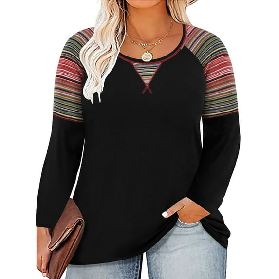 TIYOMI Plus Size Tunics For Women 2X Crewneck Striped Autumn Fall Winter Black T Shirt Casual Long Sleeve Tops Casual Blouses Tee 2XL 18W 20W
