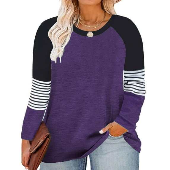 TIYOMI Plus Size Tunics For Women 2X Crewneck Striped Autumn Fall Winter Purple T Shirt Casual Long Sleeve Tops Casual Blouses Tee 2XL 18W 20W