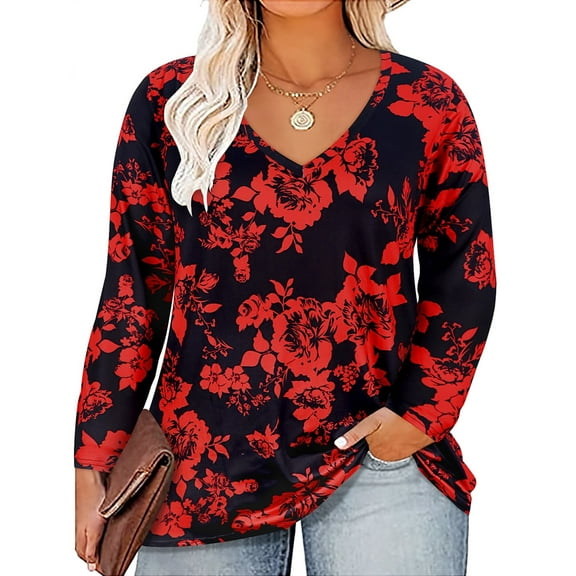 TIYOMI Plus Size Tunics For Women 2X Flower T Shirt Casual Long Sleeve V Neck Red Floral Tops Casual Blouses Fall Winter Tee 2XL 18W 20W