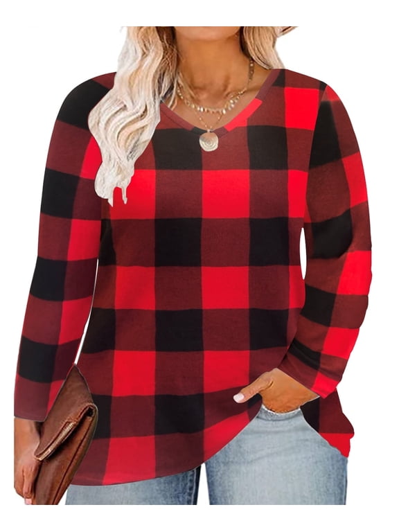 Plus Size Tunics For Women 2X Grid T Shirt Casual Long Sleeve V Neck Red Tops Casual Blouses Fall Winter Christmas Tee 2XL 18W 20W
