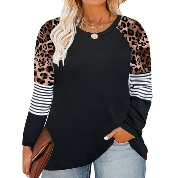 TIYOMI Plus Size Tunics For Women 2X Leopard Crewneck Striped Autumn Fall Winter T Shirt Casual Long Sleeve Black Tops Casual Blouses Tee 2XL 18W 20W