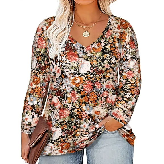 TIYOMI Plus Size Tunics For Women 2X Orange Floral T Shirt Casual Long Sleeve V Neck Basic Tops Casual Blouses Fall Winter Tee 2XL 18W 20W