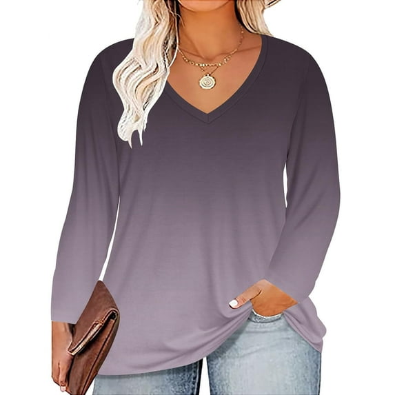 TIYOMI Plus Size Tunics For Women 2X Purple Gradient Color T-Shirt Casual Long Sleeve V Neck Tops Casual Blouses Fall Winter Pullover 2XL 18W 20W