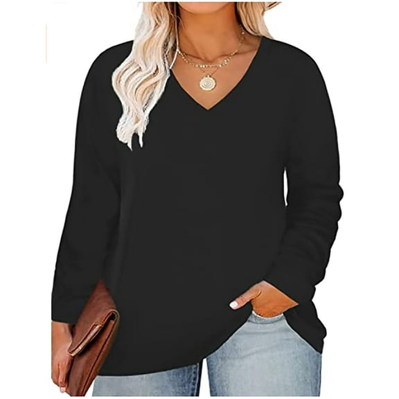 TIYOMI Plus Size Tunics For Women 2X Solid Color T Shirt Casual Long Sleeve V Neck Black Tops Casual Blouses Fall Winter Tee 2XL 18W 20W