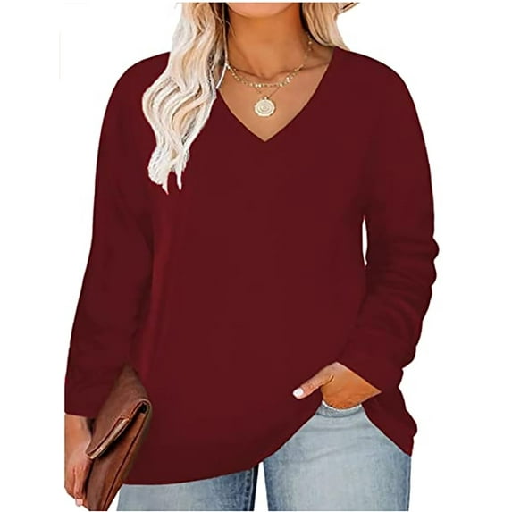 TIYOMI Plus Size Tunics For Women 2X Solid Color T Shirt Casual Long Sleeve V Neck Wine Red Tops Casual Blouses Fall Winter Tee 2XL 18W 20W