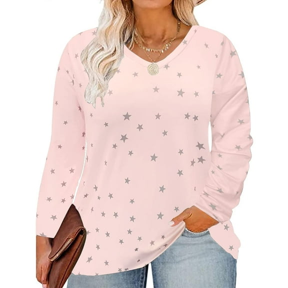 TIYOMI Plus Size Tunics For Women 2X Star T Shirt Casual Long Sleeve V Neck Pink Tops Casual Blouses Fall Winter Tee 2XL 18W 20W