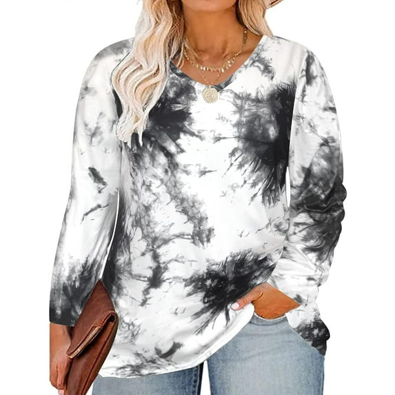 TIYOMI Plus Size Tunics For Women 2X Tie Dye T Shirt Casual Long Sleeve V Neck White Tops Casual Blouses Fall Winter Tee 2XL 18W 20W