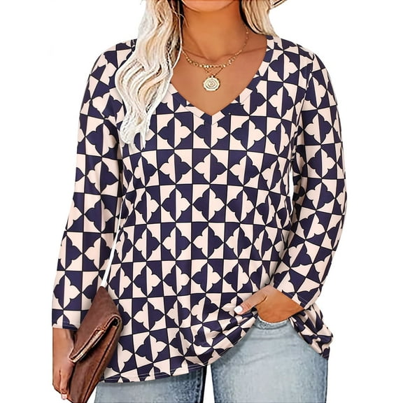 TIYOMI Plus Size Tunics For Women 2X Blue and White Geometric Pattern T-Shirt Casual Long Sleeve V Neck Tops Casual Blouses Fall Winter Pullover 2XL 18W 20W