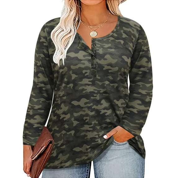 TIYOMI Plus Size Tunics For Women 2X Camo Crewneck Button Autumn Fall Winter T Shirt Casual Long Sleeve Henley Army Green Tops Casual Blouses Tee 2XL 18W 20W