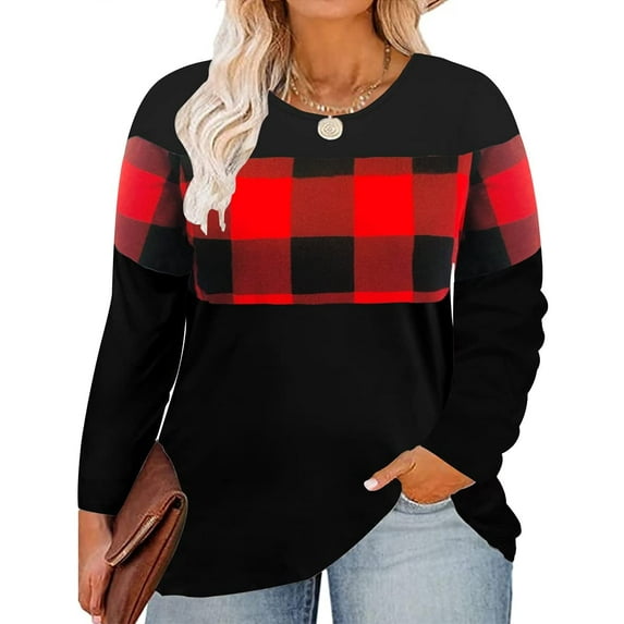 TIYOMI Plus Size Tunics For Women 2X Christmas Red Plaid Crewneck Color Block Autumn Fall Winter T Shirt Casual Long Sleeve Tops Casual Blouses Tee 2XL 18W 20W