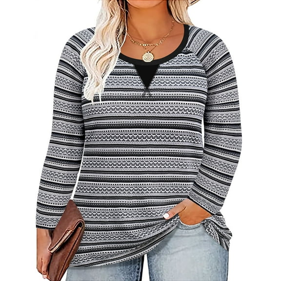 TIYOMI Plus Size Tunics For Women 2X Christmas Xmas T-Shirt Casual Long Sleeve Crewneck Black Tops Southwestern Aztec Navajo Pattern Casual Blouses Fall Winter Pullover 2XL 18W 20W