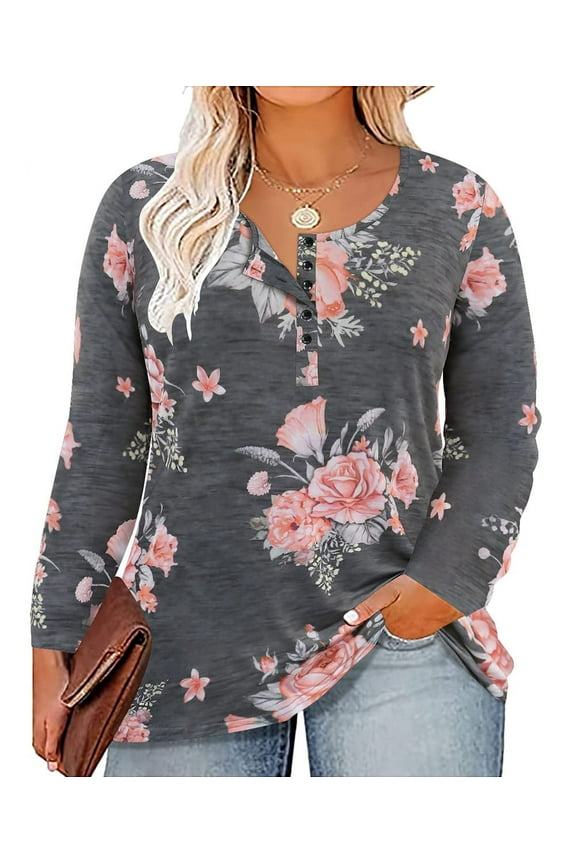 Plus Size Tunics For Women 2X Floral Crewneck Button Autumn Fall Winter T Shirt Casual Long Sleeve Henley Grey Tops Casual Blouses Tee 2XL 18W 20W