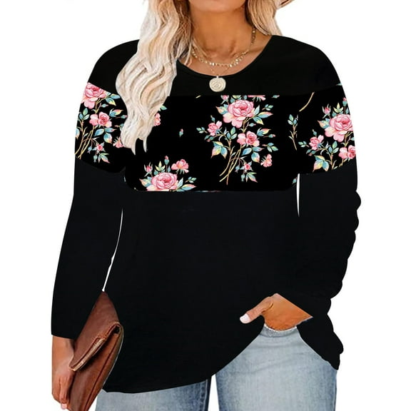 TIYOMI Plus Size Tunics For Women 2X Floral Crewneck Color Block Autumn Fall Winter T Shirt Casual Long Sleeve Black Tops Casual Blouses Tee 2XL 18W 20W