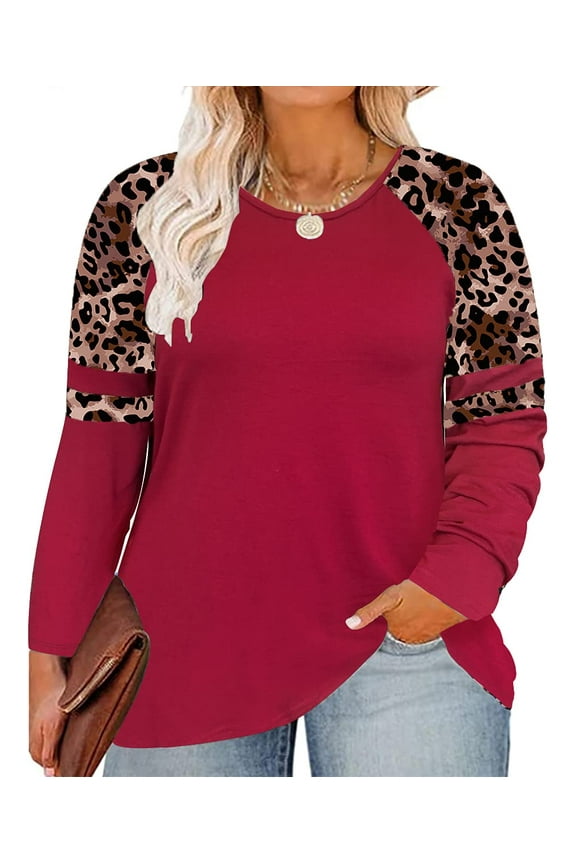 Plus Size Tunics For Women 2X Leopard Crewneck Color Block Autumn Fall Winter T Shirt Casual Raglan Long Sleeve Red Tops Casual Blouses Tee 2XL 18W 20W