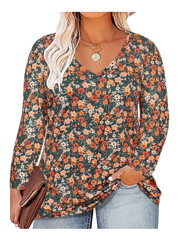 Plus Size Tunics For Women 2X Orange Flower T Shirt Casual Long Sleeve V Neck Basic Green Floral Tops Casual Blouses Fall Winter Tee 2XL 18W 20W