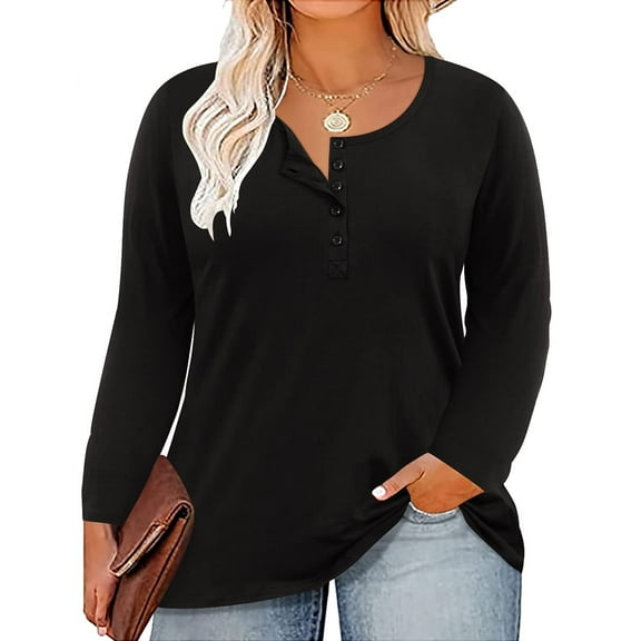 TIYOMI Plus Size Tunics For Women 2X Solid Color Crewneck Button Autumn Fall Winter T Shirt Casual Long Sleeve Henley Black Tops Casual Blouses Tee 2XL 18W 20W