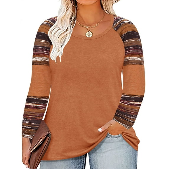 TIYOMI Plus Size Tunics For Women 2X Tie Dye Stripe V Neck Striped Autumn Fall Winter T-Shirt Casual Long Sleeve Khaki Brown Tops Casual Blouses Tee 2XL 18W 20W