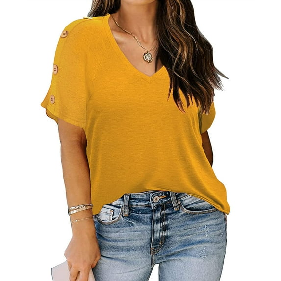 TIYOMI Plus Size Turmeric Yellow Tees Shirts For Women 5X Tops V Neck Pullover Summer Button Tunics 5XL 26W 28W
