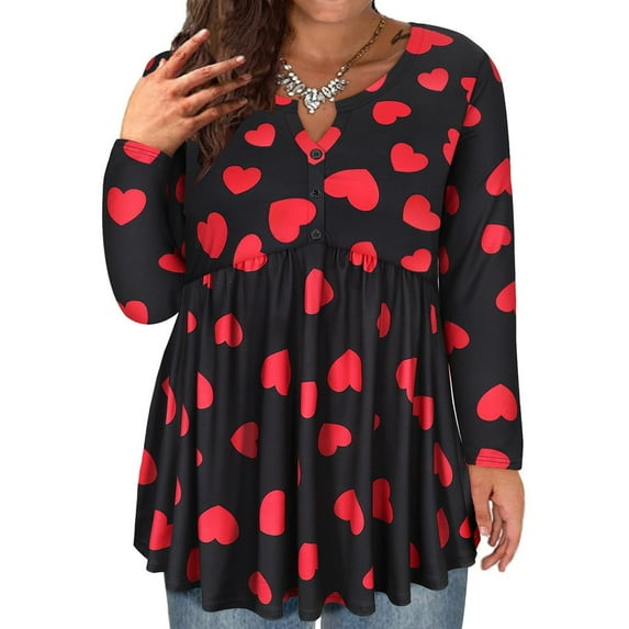 TIYOMI Plus Size Valentine's Day Tops For Women Henley V Neck Heart Long Sleeve Tunic Buttons Up Shirts Swing Flowy Blouses Pleated Babydoll Pullover Loose Fit Fall Winter Casual Tunic XL 14W 16W