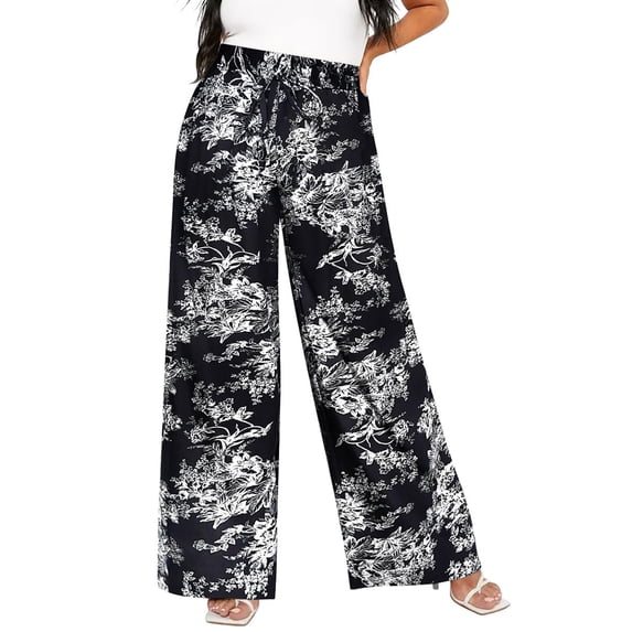 TIYOMI Plus Size Wide Leg Floral Pants for Women Hawaiian Black Flower Lounge Pants High Waisted Dress Pants Drawstring Casual Summer Pants With Pockets XL 14W 16W
