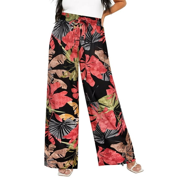 TIYOMI Plus Size Wide Leg Pants Woman 2X Hawaiian Drawstring Pants Black Leaves Elastic Pants Casual Summer Pants With Pockets Vacation Outfits for Women 2XL 18W 20W
