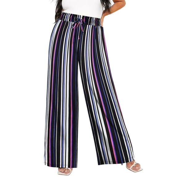 TIYOMI Plus Size Wide Leg Pants Woman 2X Hawaiian Drawstring Pants Purple Stripe Elastic Pants Casual Summer Pants With Pockets Vacation Outfits for Women 2XL 18W 20W