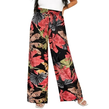 TIYOMI Plus Size Wide Leg Pants For Women 3X Black Leaves Elastic High Waisted Pants Drawstring Summer Hawaiian Pants Trousers Lounge Pants With Pockets Beach Outfits for Women 3XL 22W 24W